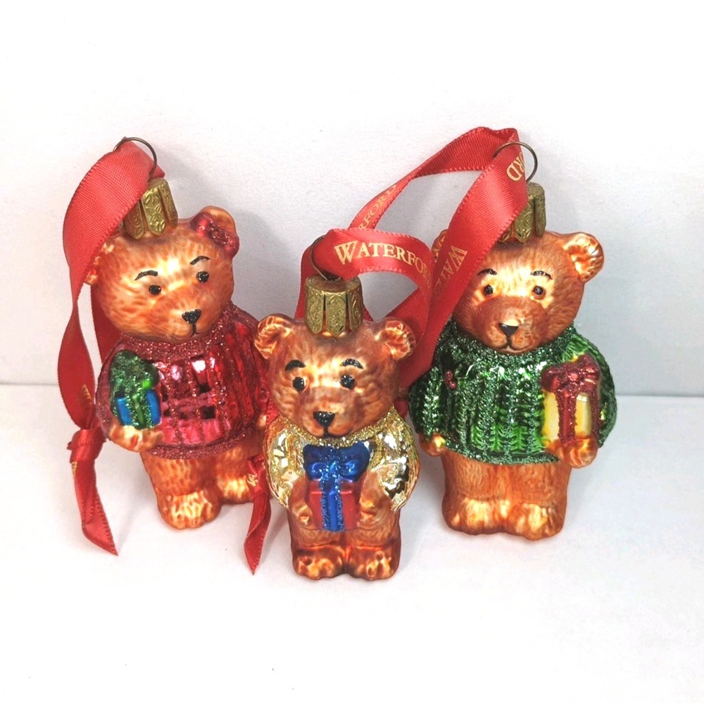 Retired VTG Waterford 3 Teddy Bear Glass Christmas Ornaments Holiday Heirlooms